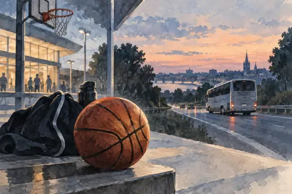Illustration - Terrain de basket et minibus