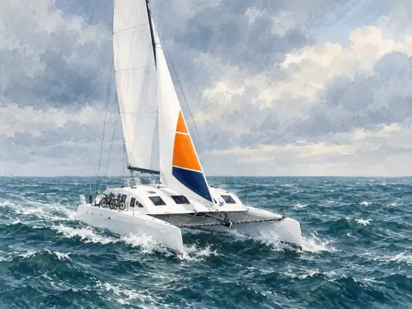 Catamaran à voile quittant Fécamp