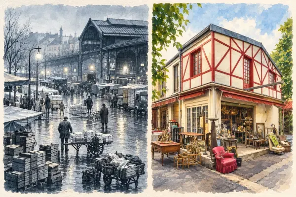 Illustration - allées et stands des Puces