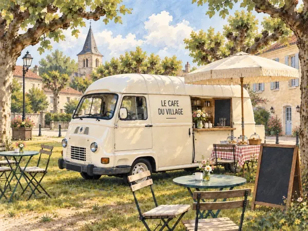 Illustration - Café ambulant sur une place du Vexin