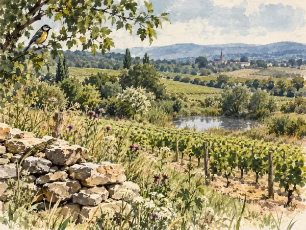 Illustration de vignes, haies et mares
