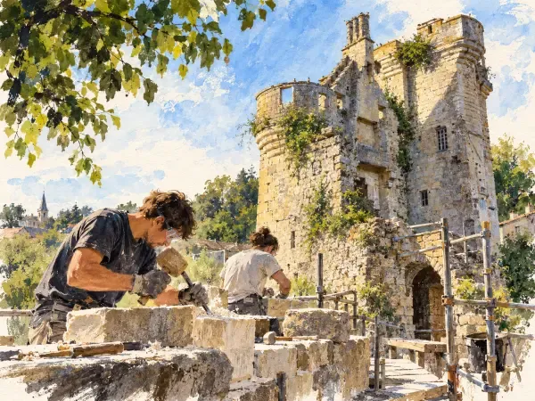 Donjon médiéval en restauration à Crouy