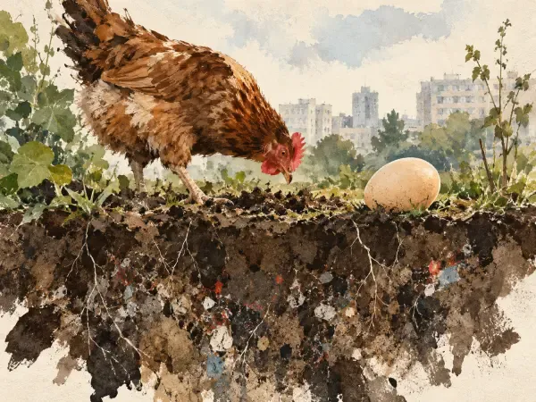 Illustration - poule dans un jardin urbain