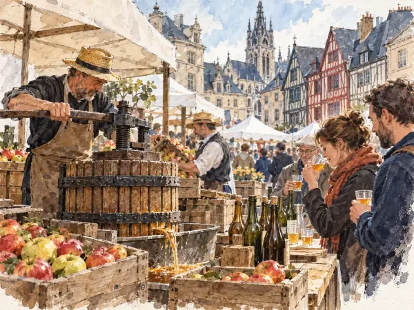 Illustration - pressoir et pommes à Rouen