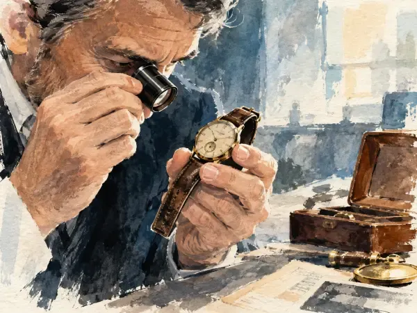 Illustration - Montre ancienne examinée sur une table
