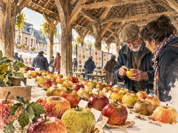 Illustration - pommes anciennes sous une halle