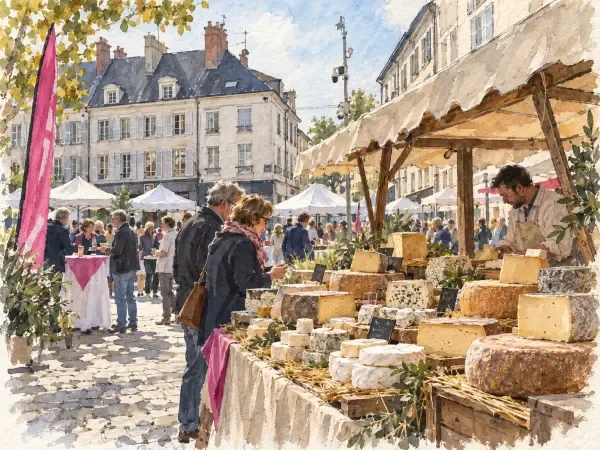 Illustration - Des étals de fromages à Meulan