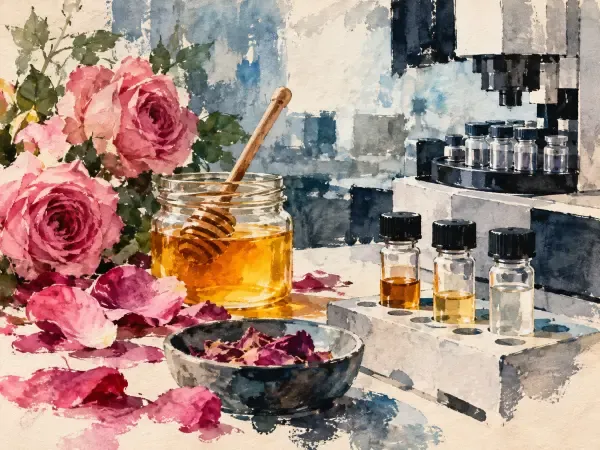 Illustration - Échantillons de roses et miel au laboratoire