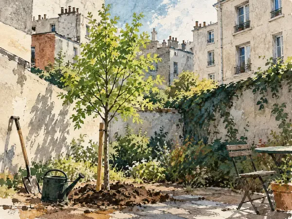 Illustration - Jeune arbre dans un jardin urbain