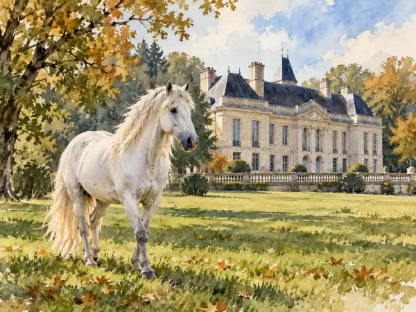 Illustration - chevaux et animaux au château