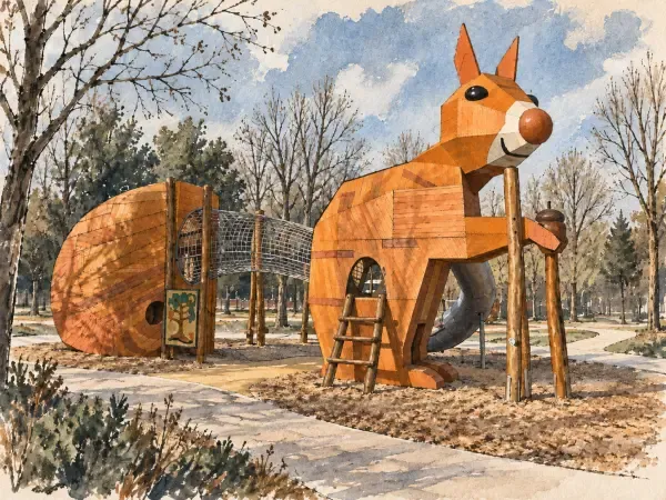 Illustration - Écureuil et renard géants dans le parc