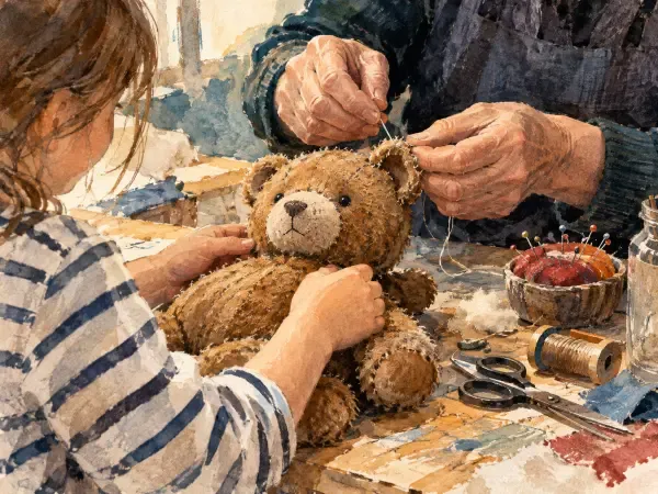 Illustration - Vélo, chemise et peluche à réparer