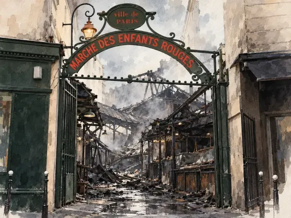 Illustration - Halle du marché incendiée