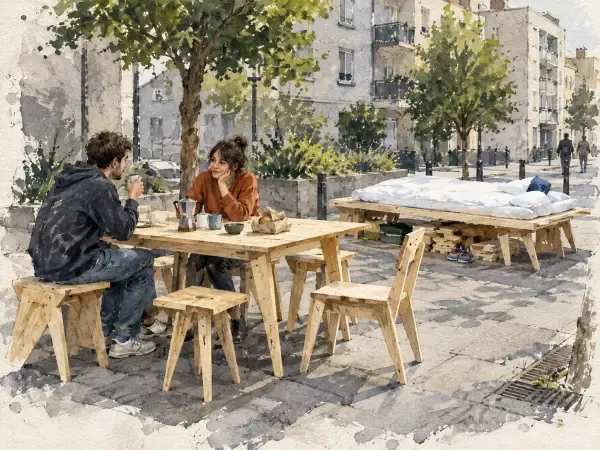 Illustration - mobilier collectif sur un trottoir
