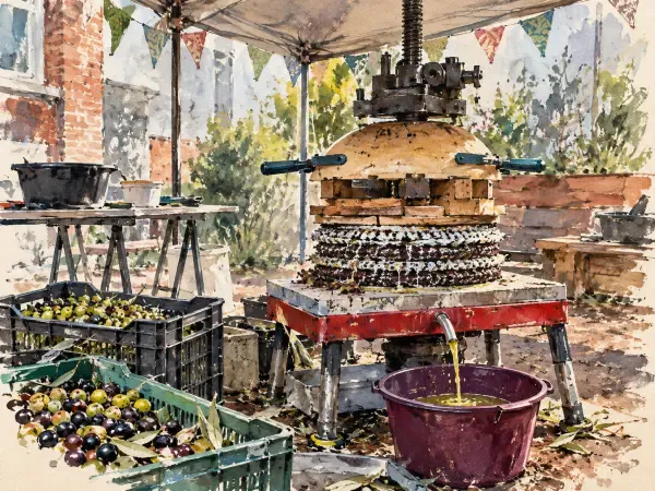 Illustration - Oliviers et presse à huile artisanale
