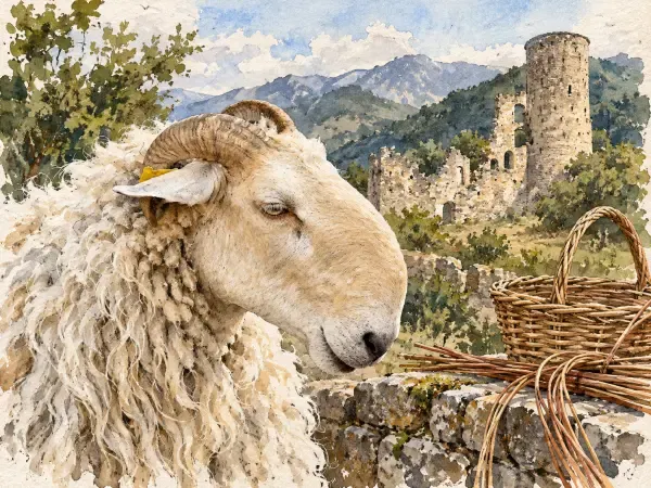 Illustration - Brebis brigasque et paniers tressés