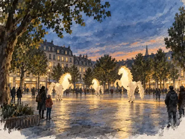Illustration - Chevaux lumineux dans une rue