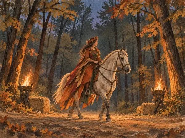 Illustration de cavaliers dans une forêt nocturne