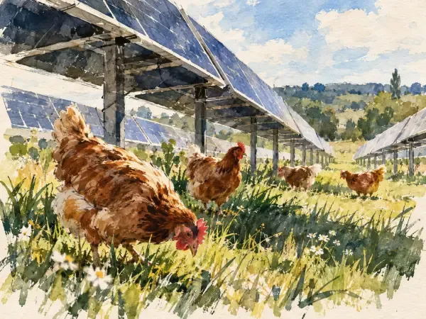 Illustration - Poules sous des panneaux solaires mobiles