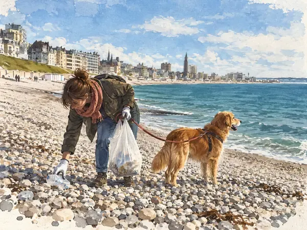 Illustration - Chiens et bénévoles sur les galets