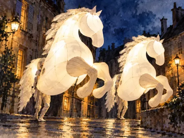 Illustration - Chevaux lumineux dans une rue