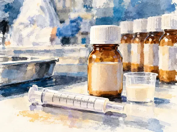Illustration - flacons de médicaments en pharmacie hospitalière