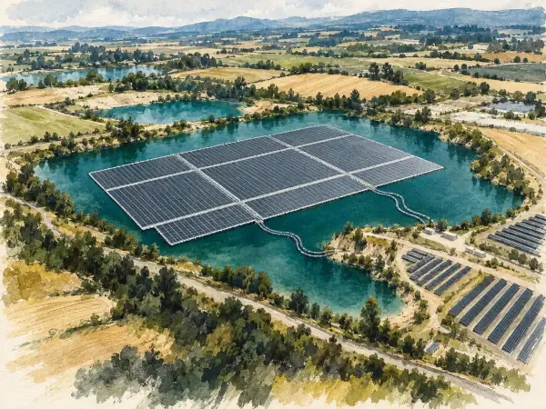 Illustration - Panneaux solaires flottant sur une gravière