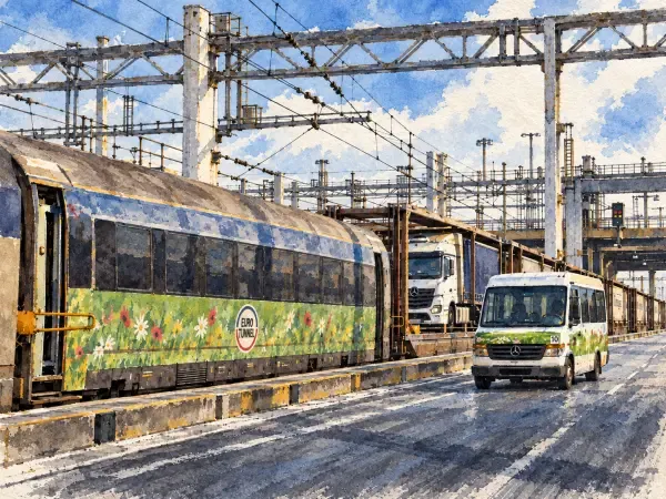 Minibus près d'une navette Eurotunnel