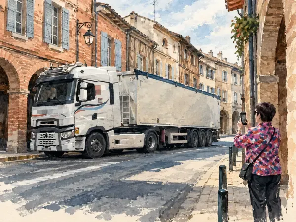 Illustration - Camion traversant une rue de bastide