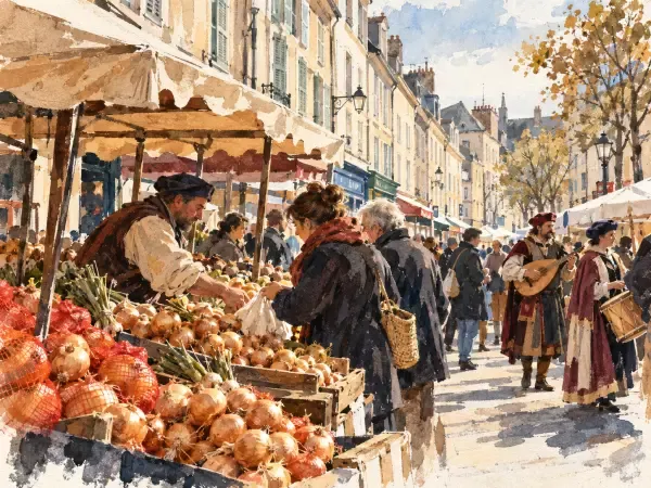 Illustration - Marché et chevaliers médiévaux à Mantes