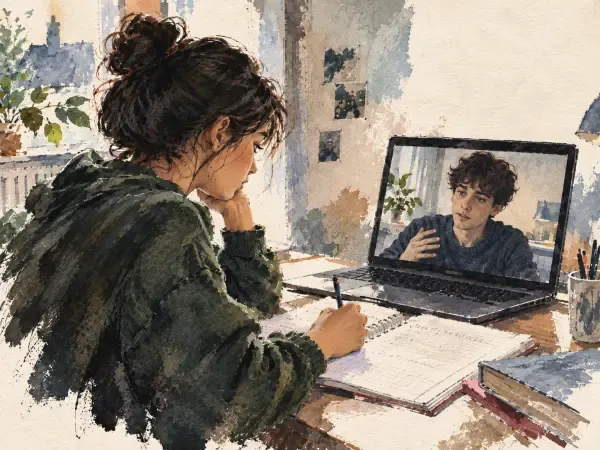 Illustration - Deux jeunes autour de cahiers scolaires