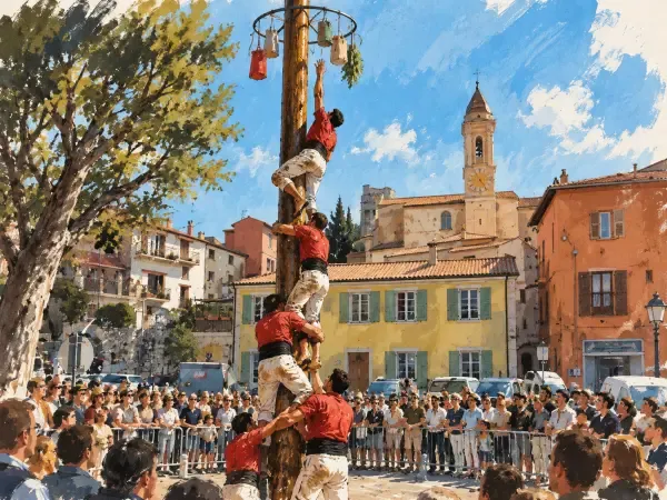 Illustration - Pyramide humaine sur un mât de cocagne