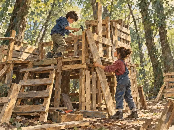 Illustration - Enfants construisant des cabanes