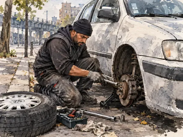 Illustration - Mécanicien réparant une voiture dans la rue