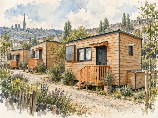 Illustration - Trois petites maisons en bois
