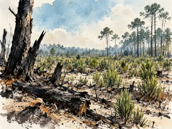 Illustration - Forêt brûlée après l'incendie de Saumos