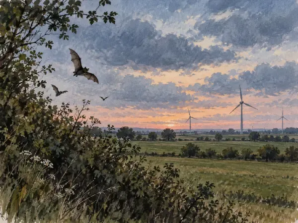Illustration - Éoliennes et chauves-souris au crépuscule