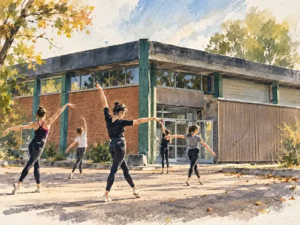 Illustration - Gymnastes devant un gymnase