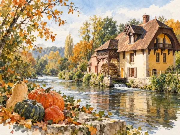 Illustration - Courges devant un moulin normand