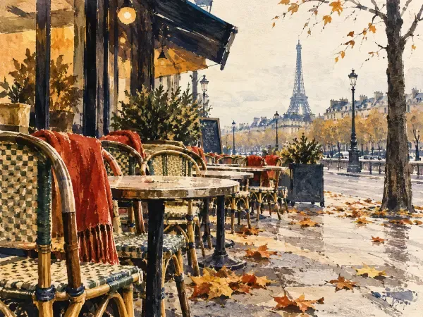 Illustration de terrasses parisiennes en automne