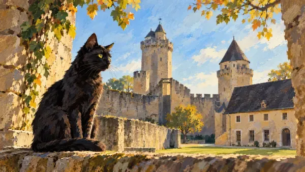 Illustration - Chat noir et château médiéval