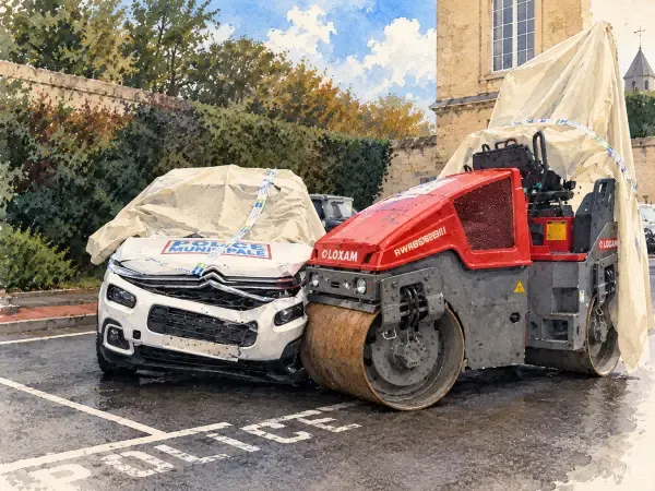 Illustration d'un rouleau compresseur à Caen