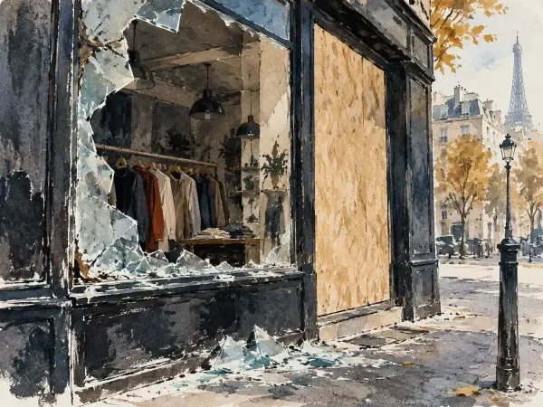 Vitrine endommagée d’un commerce parisien