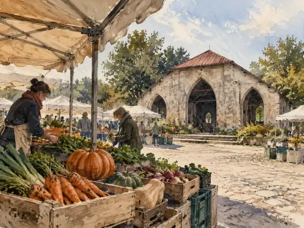 Illustration - Marché devant une grange ancienne