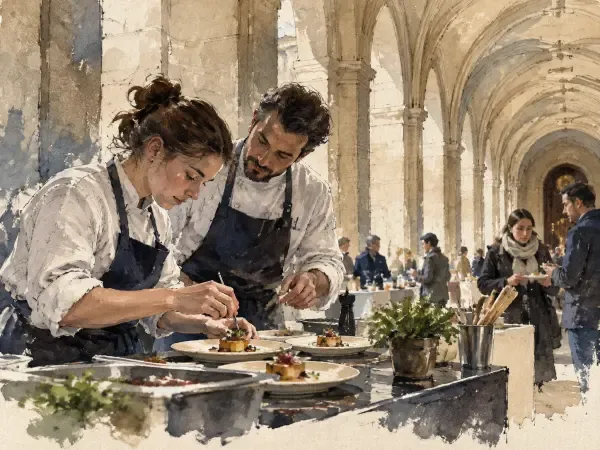 Illustration - chefs autour de comptoirs