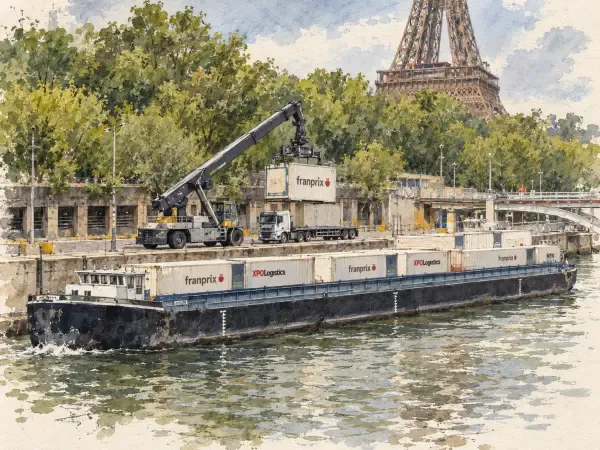 Illustration - Transport fluvial et camions