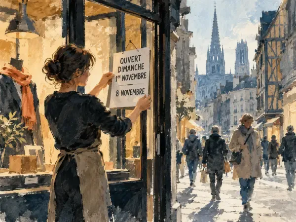 Illustration - Devantures commerçantes de Rouen un dimanche